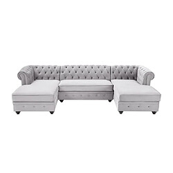 Avis Vente-Unique Canapé d'angle panoramique en velours gris clair CHESTERFIELD