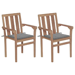 vidaXL Chaises de jardin lot de 2 et coussins gris Bois de teck massif 