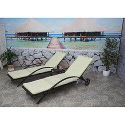 Decoshop26 Ensemble de 2 chaises longues bain de soleil transat de jardin avec petite table polyrotin marron coussins beige crème 04_0002974 pas cher