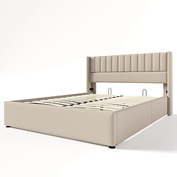 ComfortXL Lit De Rangement Avec Sommier à Lattes Hydraulique, Cadre En Bois, Beige 140x200 Cm pas cher