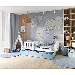 Kids Literie Lit Enfant Teo 90x190 Blanc - bleu Livré avec sommiers, tiroir et matelas en mousse de 7cm