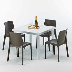 Avis Table Carrée Blanche 90x90cm Avec 4 Chaises Colorées Grand Soleil Set Extérieur Bar Café Rome Love, Couleur: Marron