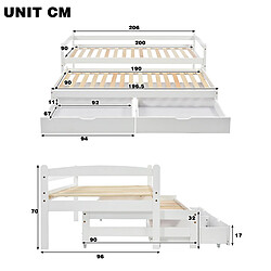 Acheter KOMHTOM Lit De Jour Coulissant Fonctionnel Avec 2 Tiroirs En MDF et Sommier À Lattes - Cadre En Bois - Roulettes - Blanc 200X90cm/190X90cm