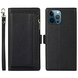 Etui en PU 2 en 1, antichoc, magnétique, détachable, texture litchi avec support, pochette zippée et sangle pour iPhone 12 Pro Max 6.7 pouces - noir