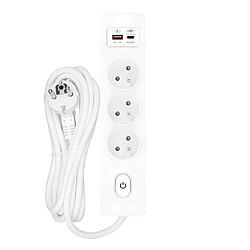 Null Multiprise SELDUR G3FH52B, 3 prises type E + interrupteur, USB A+C charge rapide 20W, Blanc, câble 5m