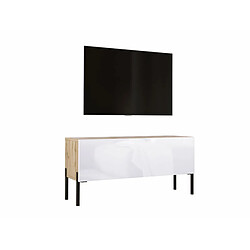 3XELIVING Meuble TV en couleur Chêne wotan / Blanc Brillant avec pieds droits en noir, D: l : 100 cm, H : 52 cm, P : 32 cm