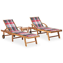 Helloshop26 Lot de 2 transats chaise longue bain de soleil lit de jardin terrasse meuble d'extérieur avec table et coussin bois de teck solide 02_0012083