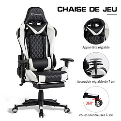 Fauteuil gamer Foxsport, chaise gaming inclinable avec repose-pieds télescopique,accoudoirs2D, support lombaire et appui-tête, Blanc et Noir pas cher