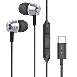 Swissten Écouteurs Filaires USB C Oreillettes Métalliques Microphone Intégré Noir / Argent