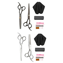 2sets Ciseaux Coiffure Professionnels, Kit de Ciseaux de Coupe de Cheveux - Noir + Argent