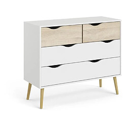 Cstore Commode 4 tiroirs - Blanc / Chene - Pietement évasé en bois massif - 98,7 x 39,1 x 81,7 cm