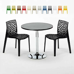 Grand Soleil Table Ronde Noir et 2 Chaises Colorées P