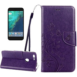 Wewoo Housse Étui Violet pour Google Pixel XL Butterflies Love Fleurs Gaufrage en cuir Flip horizontale avec support et Slots de cartes Portefeuille & Longe foncé