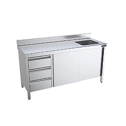 Table de chef Inox avec portes coulissantes, tiroirs et bac à droite - Gamme 600 - Distform