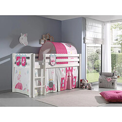 Vipack PINO Lit sureleve avec sommier Blanc + Rideau + tunnel de lit + 3 pochettes Little Princess