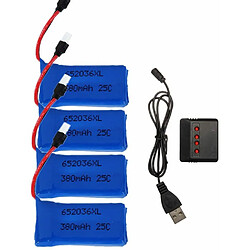 Lot de 4 Batteries Lipo 25C 3.7V 380mAh pour Drones | Chargeur inclus | Compatible avec HUBSAN X4, H107, V252, Noir