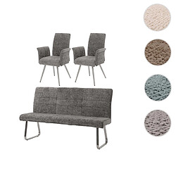 Mendler Set de salle à manger HWC-G55, set de 2 chaises avec accoudoirs+banc 180cm, inox brossé tissu/textile chenille ~ gris foncé