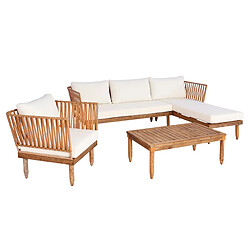 Decoshop26 Salon de jardin canapé pour extérieur avec table et fauteuil en bois d'acacia coussin blanc crème 04_0008316