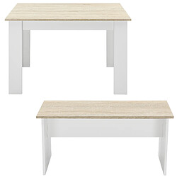 Lot de Table et 2 Bancs Design Ensemble de Meubles de Salle à Manger Stylé pour 4 Personnes Panneau de Particules Mélaminé 110 x 70 x 73 cm Blanc Chêne [en.casa] pas cher