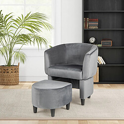 Helloshop26 Fauteuil tonneau rembourré en velours avec repose-pieds fauteuil d'appoint avec pouf cadre en bois massif patins en feutre antidérapants gris 20_0008594