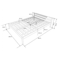 Homestyle4U Lit double en pin massif naturel 140x200 cadre avec sommier à lattes