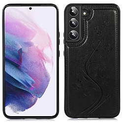 Coque en TPU + PU motif fleur, deux boutons magnétiques avec béquille et porte-cartes noir pour votre Samsung Galaxy S22 5G