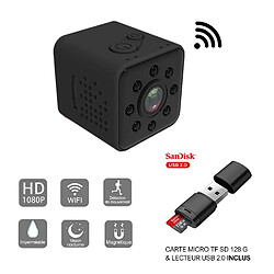 Mini caméra HD WiFi Petite Grand Angle 1080P Etanche Caméscope + Carte Micro TF SD 128Go + Lecteur USB 2.0 - DVR Sport Micro