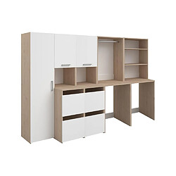 Vente-Unique Meuble pour 2 machines à laver avec étagères, penderie, placard et colonne - Naturel clair et blanc - L269 x H184 cm - ERKANO