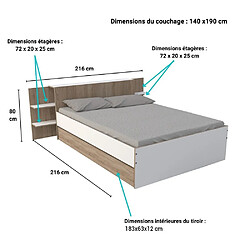 Acheter Le Quai Des Affaires Lit CITY 140x190 + tête de lit chevet + 1 tiroir / Décor Blanc & chêne blanchi