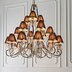 Interiors 1900 Chandelier Oksana, nickel poli, pampilles cristal, 21 abat-jours chocolat