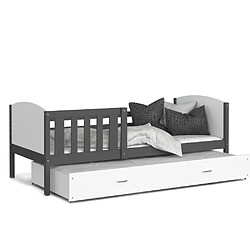 Kids Literie Lit Gigogne Tomy 90x190 Gris - blanc Livré avec sommiers, tiroir et matelas en mousse de 7cm pas cher