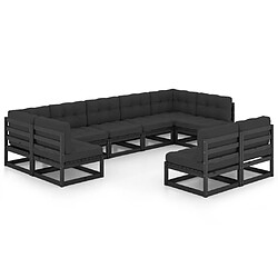 vidaXL Salon de jardin 9 pcs avec coussins noir bois de pin massif