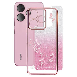 Avizar Coque Silicone pour Xiaomi Redmi 13 Motif Fleurs Pailletées et Strass Rose Champagne