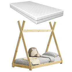 Lit Tipi pour Enfants avec Matelas Orthopédique Onejda Bois Naturel 80 x 160 cm [en.casa]