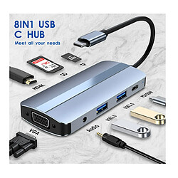 Chrono Hub USB C, adaptateur multiport USB C 8 en 1 avec 100 W PD 4K HDMI VGA USB 3.0 lecteur de carte SD/TF et AUX 3,5 mm, station d'accueil compatible avec les ordinateurs portables MacBook Pro et Air USB C et autres appareils de type C (bleu)