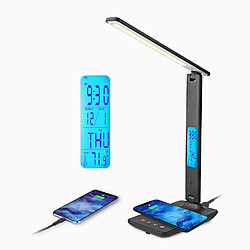 Chrono Lampe de bureau LED avec chargement sans fil et port de chargement USB, 3 températures de couleur, 3 niveaux de luminosité, contrôle tactile, heure, température, fonction horloge pour bureau à domicile,(noir)