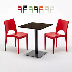 Grand Soleil Table carrée 60x60 pied noir et plateau bois avec 2 chaises colorées Paris Kiss - Rouge 