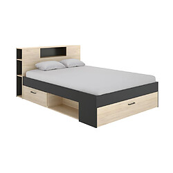 Avis Vente-Unique Lit avec tête de lit rangements et tiroirs - 140 x 190 cm - Coloris : Naturel et anthracite + Sommier + Matelas - LEANDRE