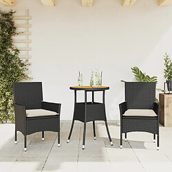 vidaXL Ensemble à manger de jardin et coussins 3 pcs noir rotin acacia