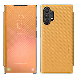 Coque en TPU fibre de carbone translucide avec béquille pliable jaune pour votre Samsung Galaxy A32 5G