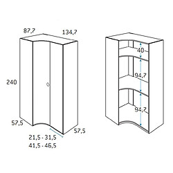 Inside 75 Armoire d'angle porte courbe à gauche 134,7 x 240 cm finition chêne blanchis intérieur double