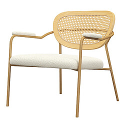 Moloo RETRO-Fauteuil en tissu bouclé Ecru, rotin et métal décor chêne 