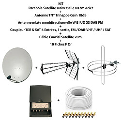 Optex Kit Parabole SAT 80cm+Antenne TNT+Antenne Omni DAB FM+Coupleur 4 Entrées FM DAB-VHF UHF SAT+LNB Single+Câble Coax 20m+10 Fiches F Or