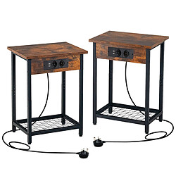 Helloshop26 Lot de 2 tables de chevet avec station de charge 2 tables d'appoint avec étagère ouverte table d'appoint à 2 niveaux avec cadre en métal ports usb café 20_0008774