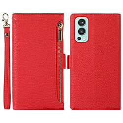 Etui en PU texture litchi, anti-rayures avec pochette à fermeture éclair et sangle pour votre OnePlus Nord 2 5G - rouge