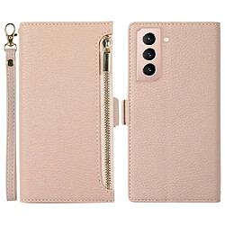 Etui en PU texture litchi avec support, pochette à fermeture éclair et sangle pour votre Samsung Galaxy S21 4G/5G - abricot