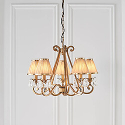 Interiors 1900 Chandelier Oksana, laiton antique, gouttes cristal, 5 abat-jours beiges