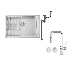 Auralum MAX Évier Cuisine 1 Bac 60*44*20CM,inox,à Encastrer/sous-plan avec Panier Drainage,Silver+Robinet Cuisine avec Douchette Extractible 2 Fonctions,Chromé