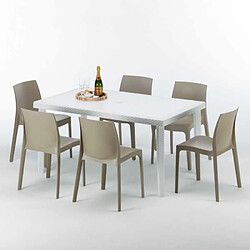 Avis Table Rectangulaire Blanche 150x90cm Avec 6 Chaises Colorées Grand Soleil Set Extérieur Bar Café Rome Summerlife, Couleur: Beige