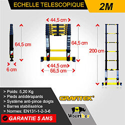 Echelle télescopique Woerther 2m Grafitek avec barre stabilisatrice - Qualité supérieur - Garantie 5 ans